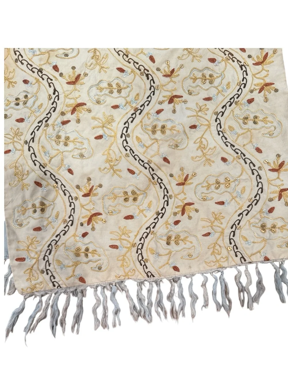 Vintage Banana Republic Embroidered Sequin Fringe Table Runner Cream Multi